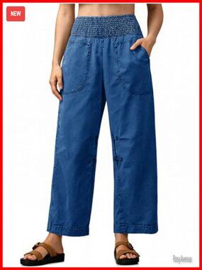 Smocked Barrel Jeans High Waisted Baggy Pull On Denim Pants